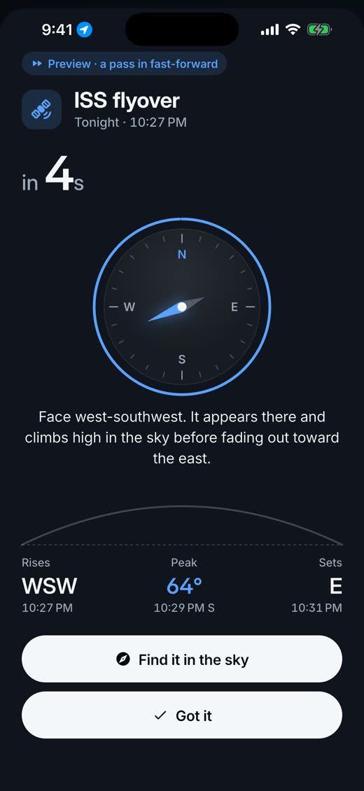 LookUp's flyover screen: a compass pointing west-southwest, peak 64 degrees